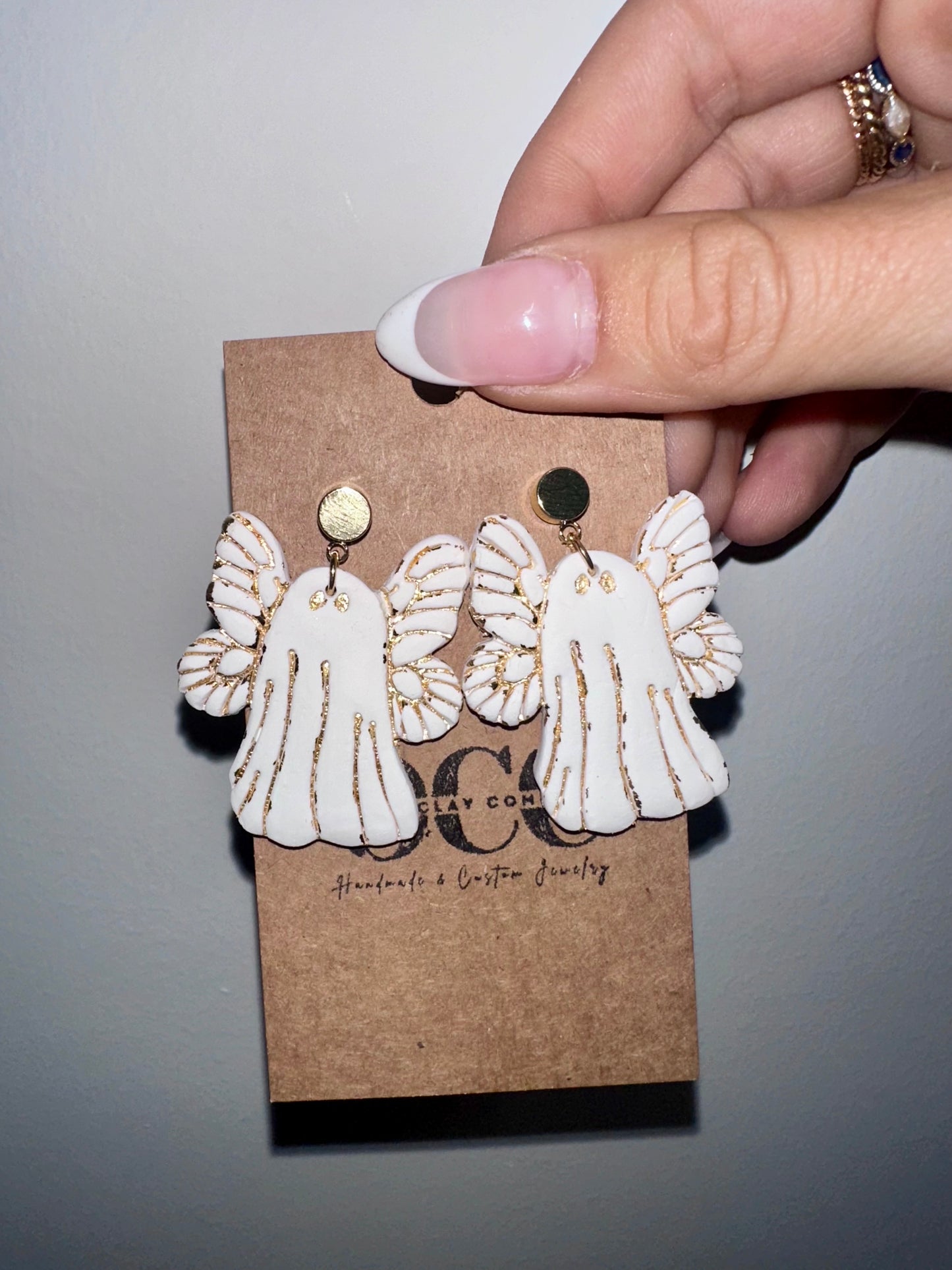 Butterfly ghost dangle clay earrings