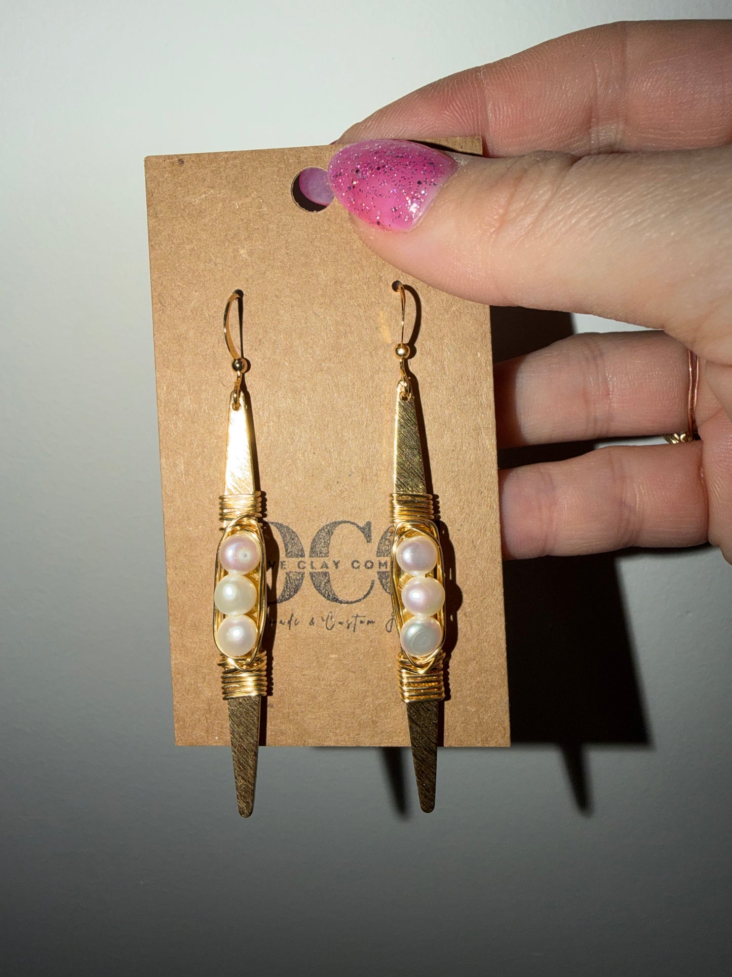 Pearl wire wrapped bar earrings