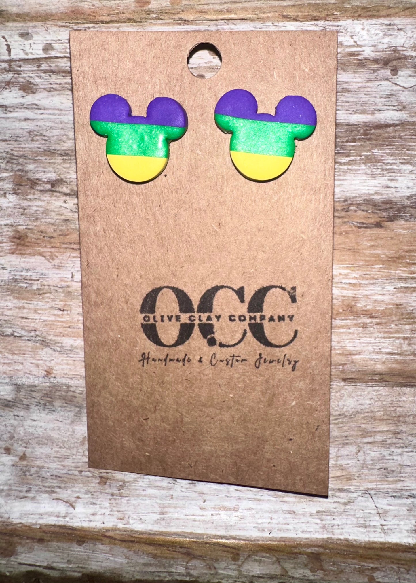 Mouse Mardi Gras stud clay earrings