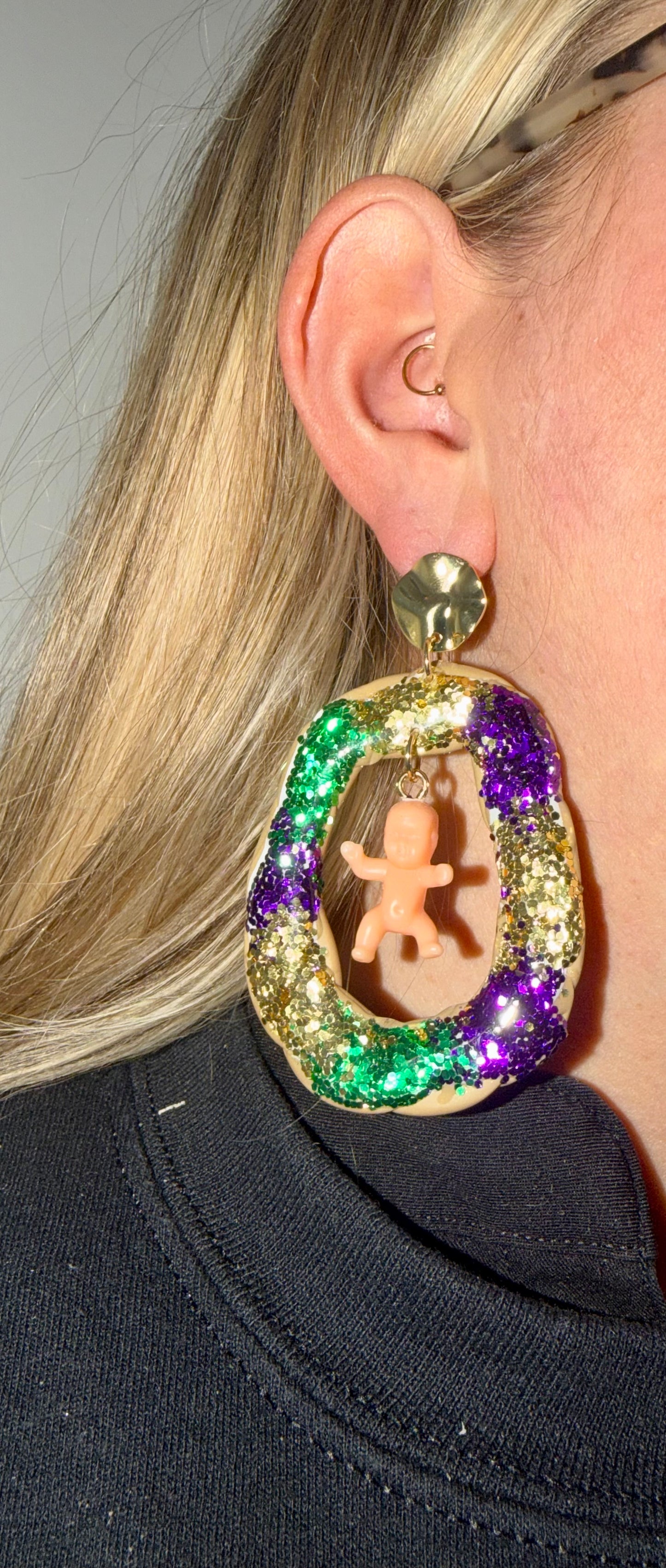 Large Statement Mardi Gras king cake earrings
