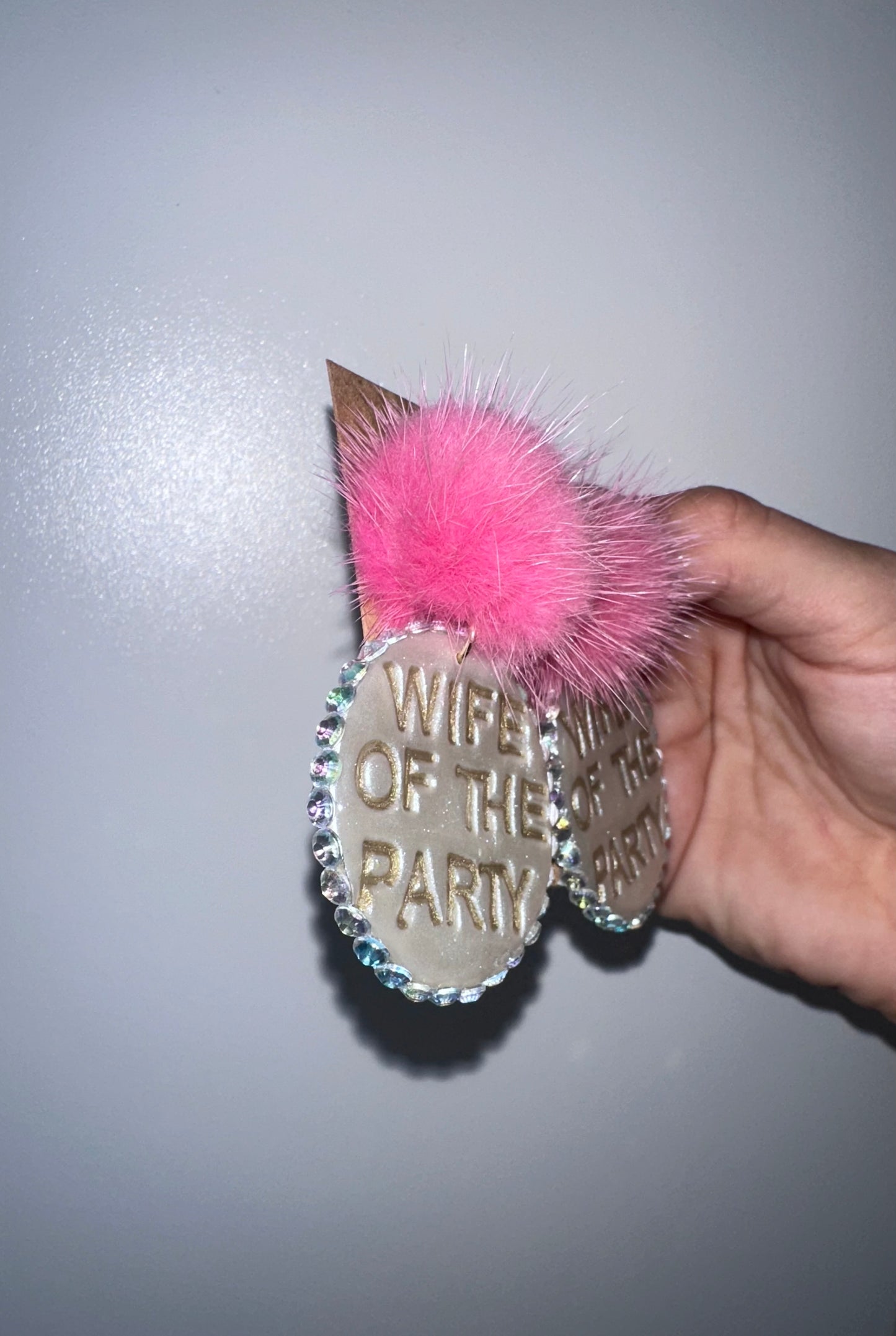 Wife of the party bedazzled Pom earrings