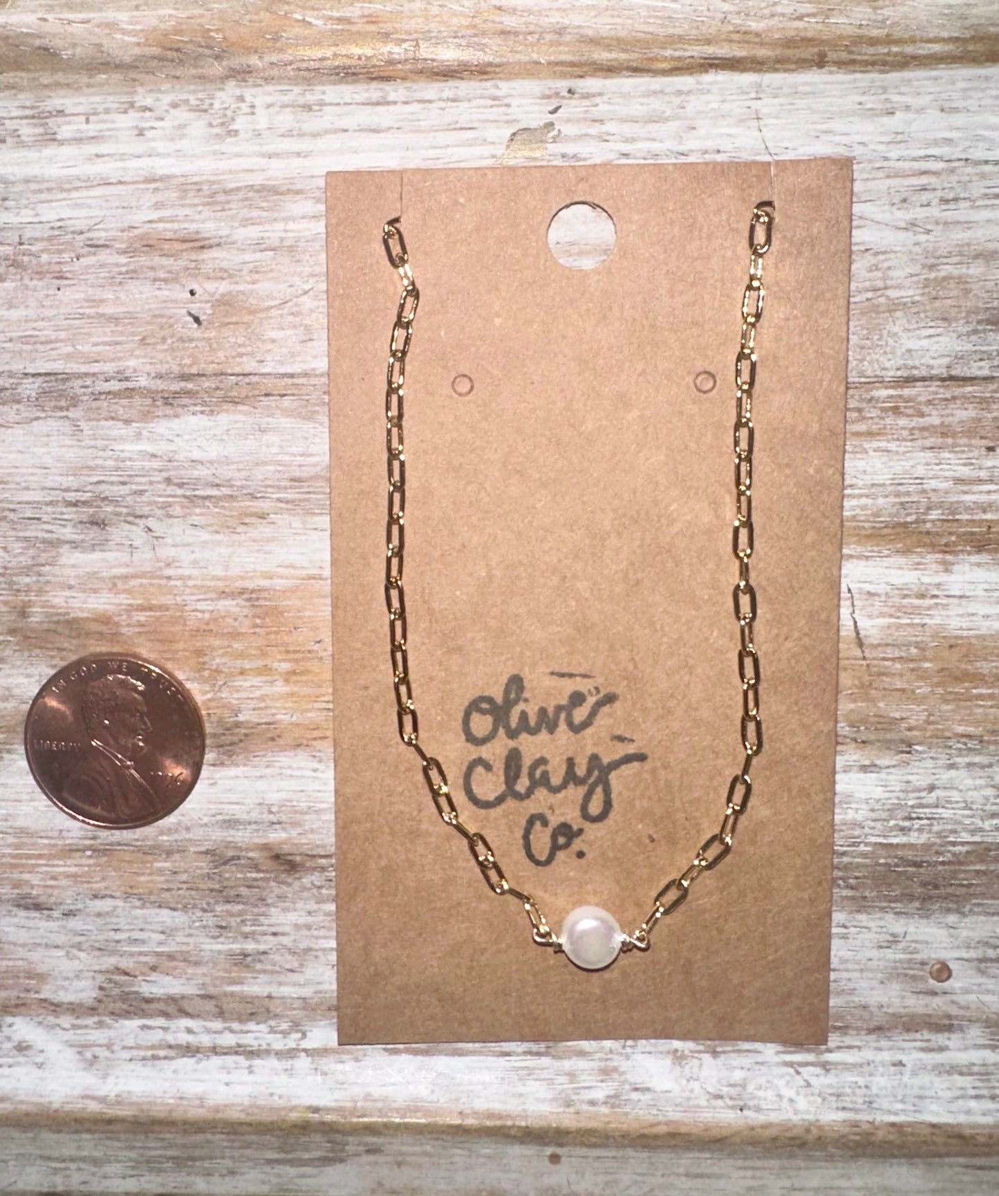 Gold plated pearl paper clip necklace
