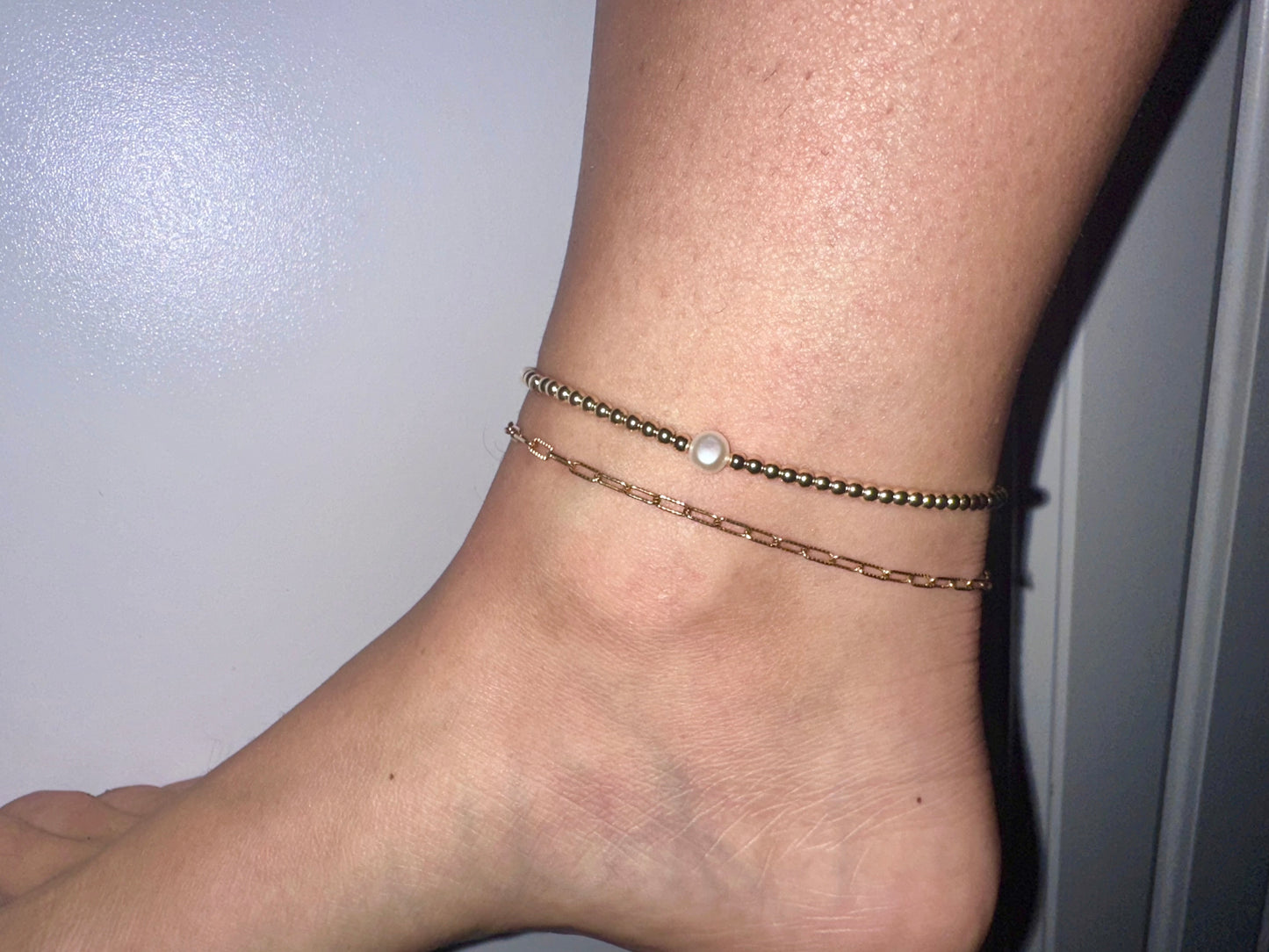 14k Gold Filled Pearl stretchy anklet- non tarnish- 3mm beads