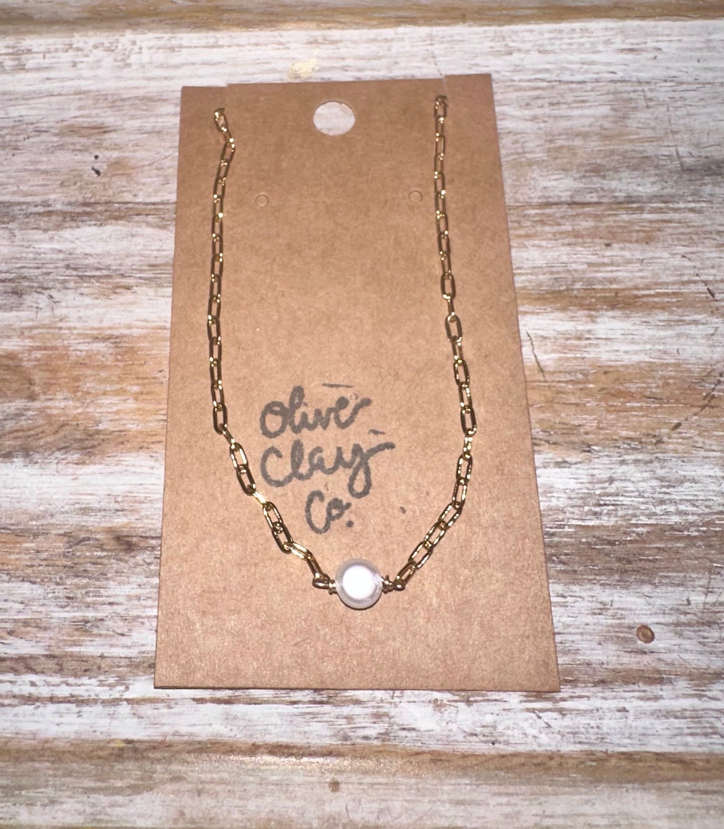 Gold plated pearl paper clip necklace
