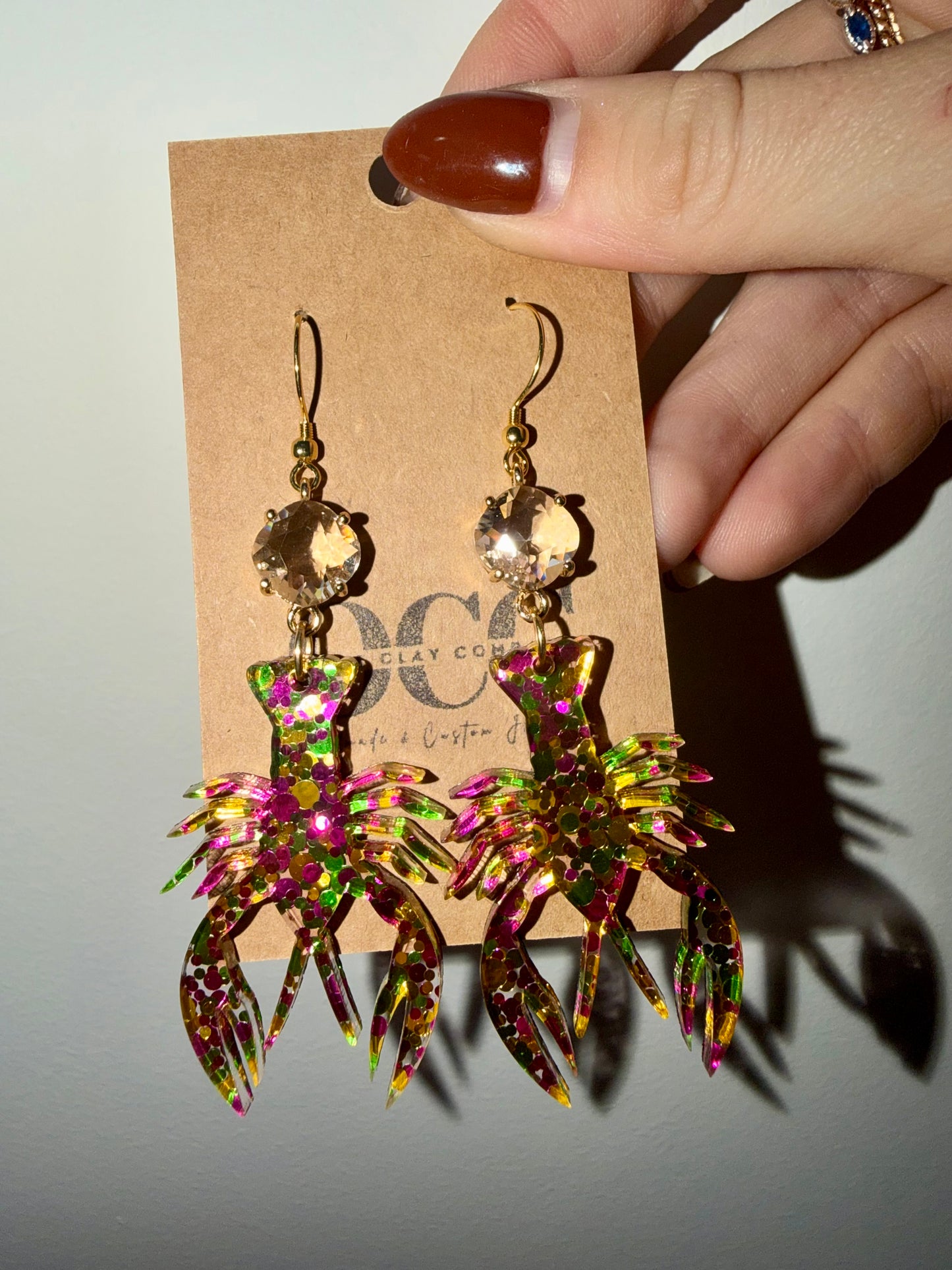 Crystal Crawfish Mardi Gras glitter earrings