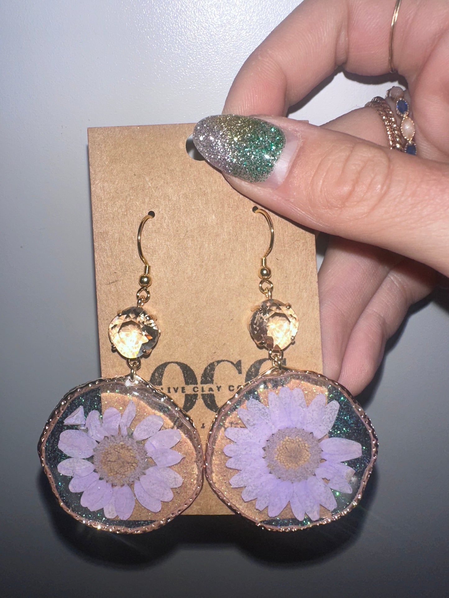 Pressed flower glitter hoops