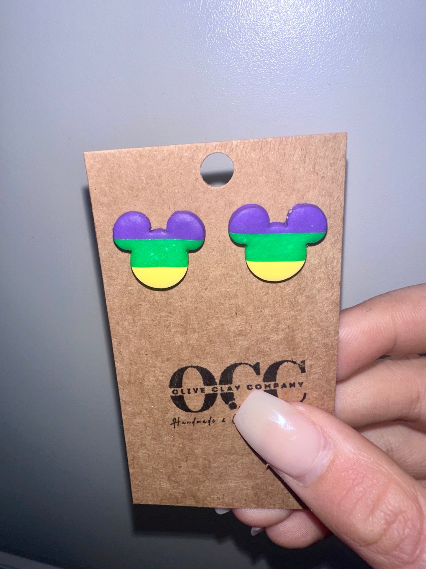 Mouse Mardi Gras stud clay earrings