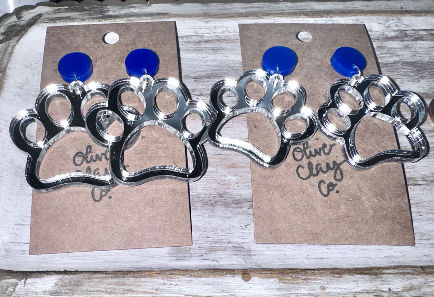 Silver Mirror Paw Acrylic Earrings