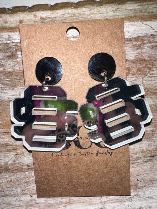 Os Logo Silver Mirror Acrylic Earrings- black topper