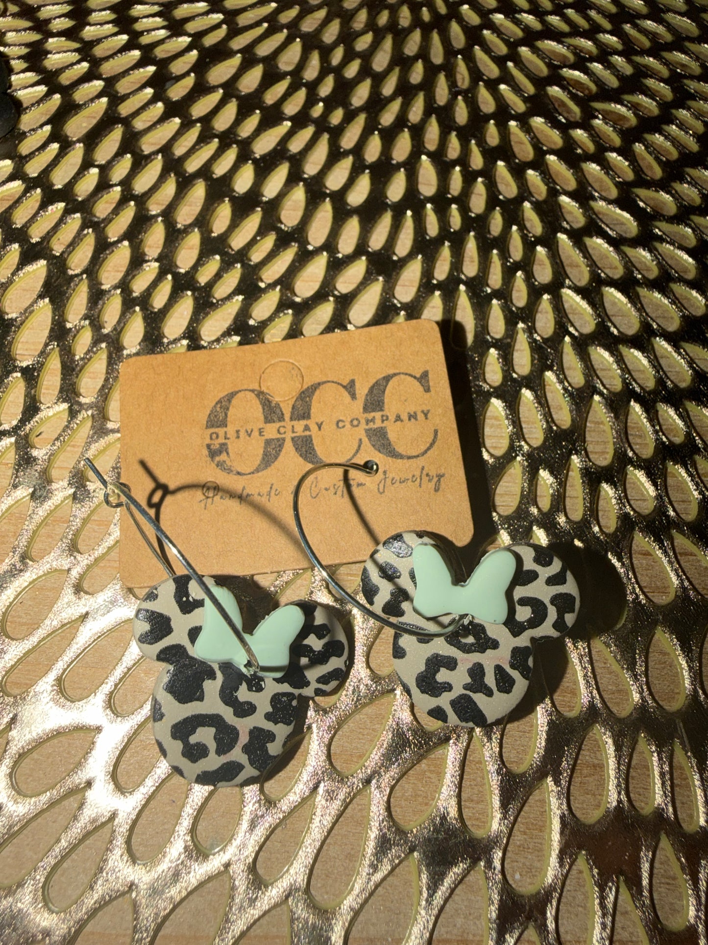 Sage green bow Mouse clay earrings