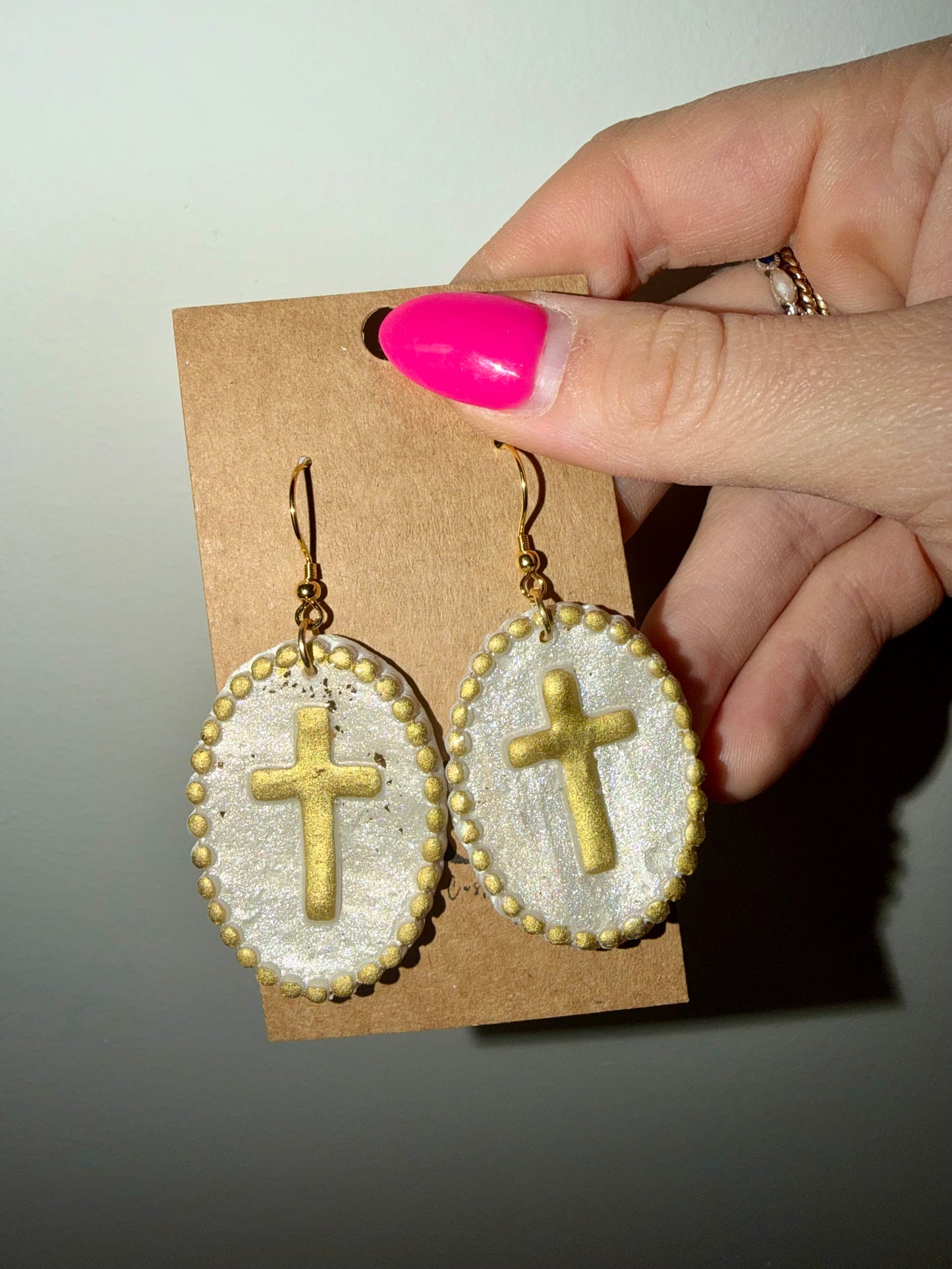 Large Clay cross pearl dangles