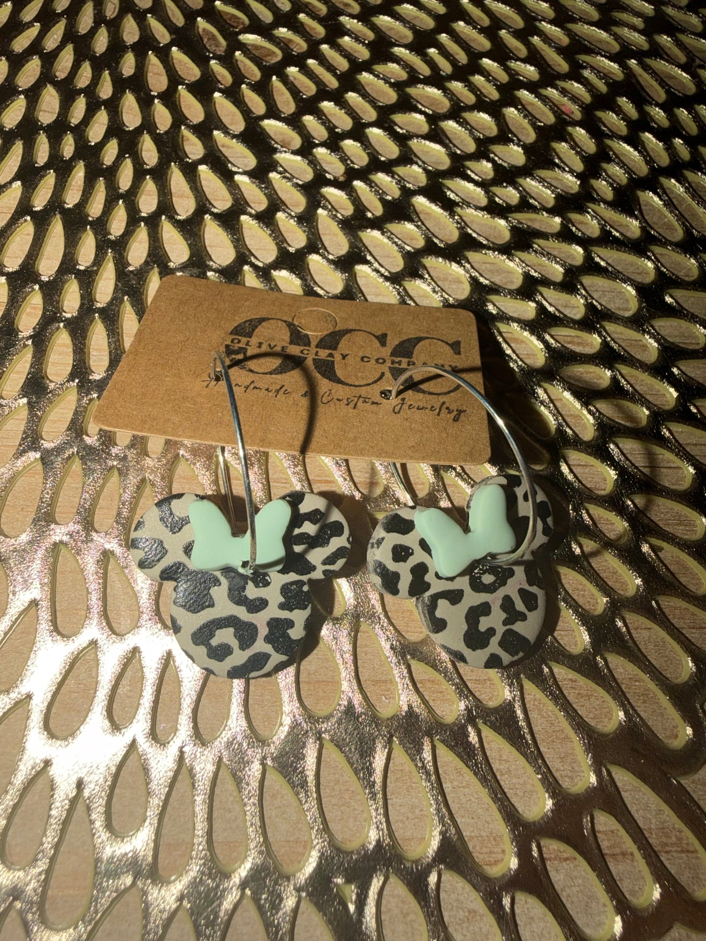 Sage green bow Mouse clay earrings