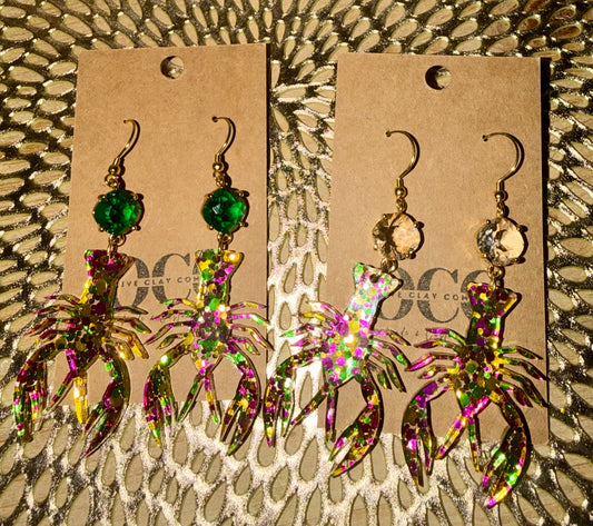 Crystal Crawfish Mardi Gras glitter earrings