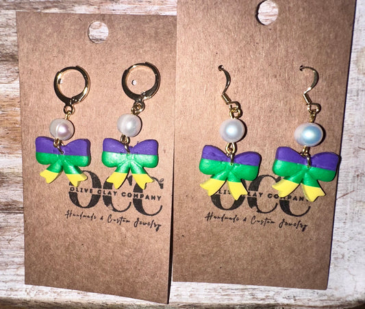 Mardi Gras bow earrings
