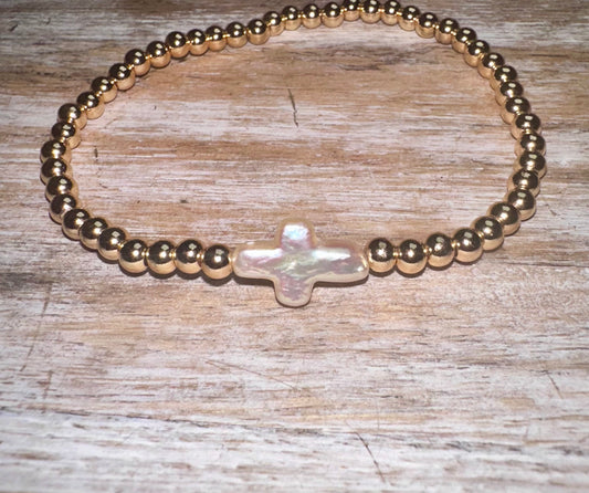 Stretchy Beaded Freshwater pearl cross bracelet