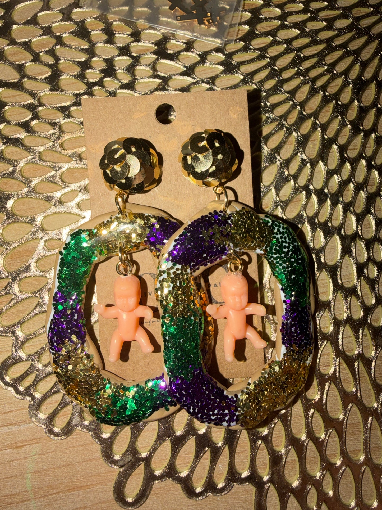Large Statement Mardi Gras king cake earrings