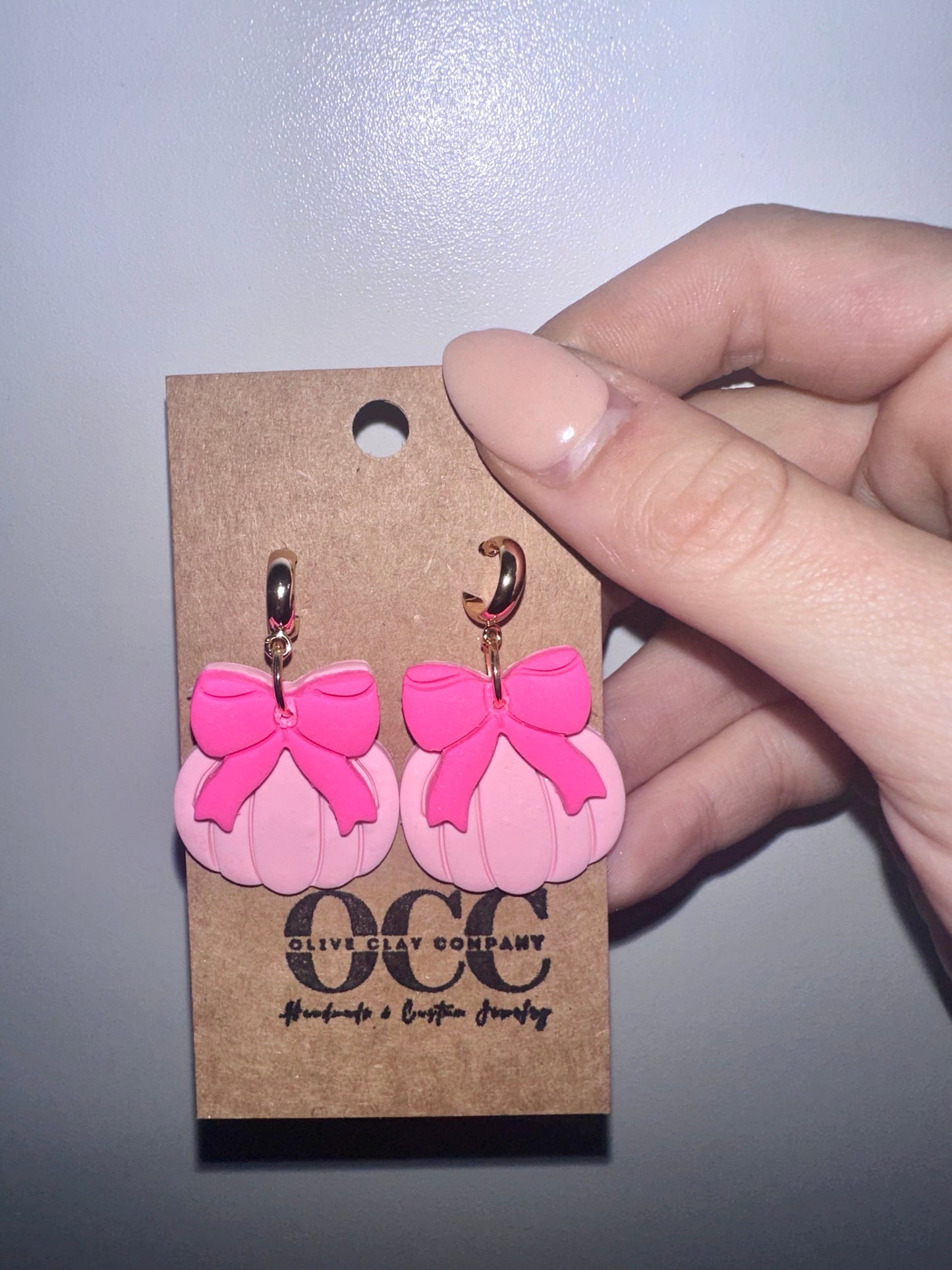 pink pumpkin clay earrings