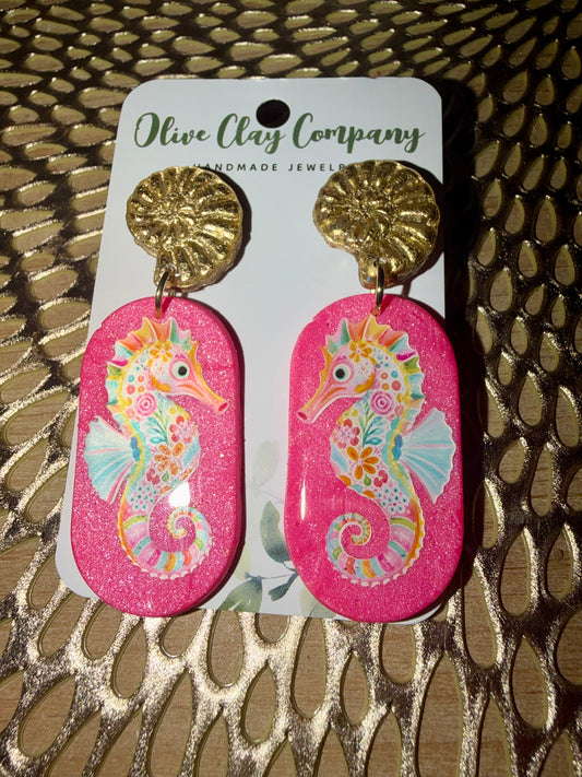 Oval sea horse clay earrings with clay large shell topper