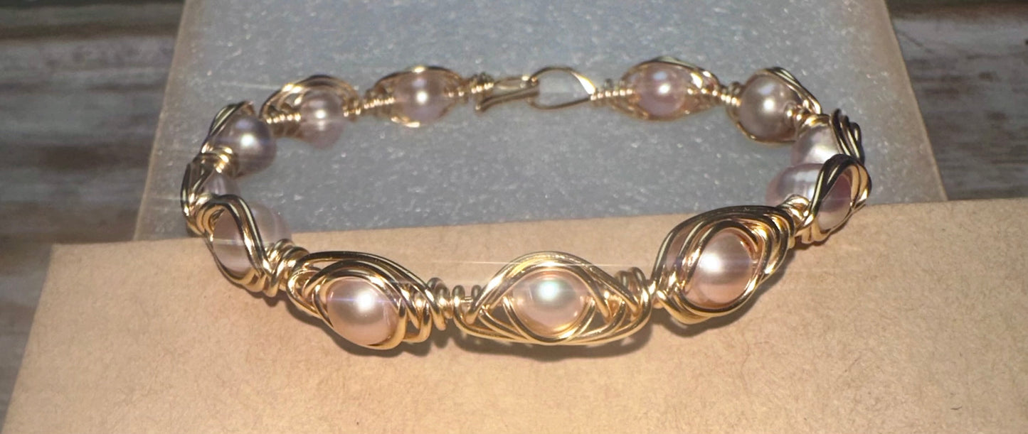 Pink freshwater pearl Wire wrapped bracelet