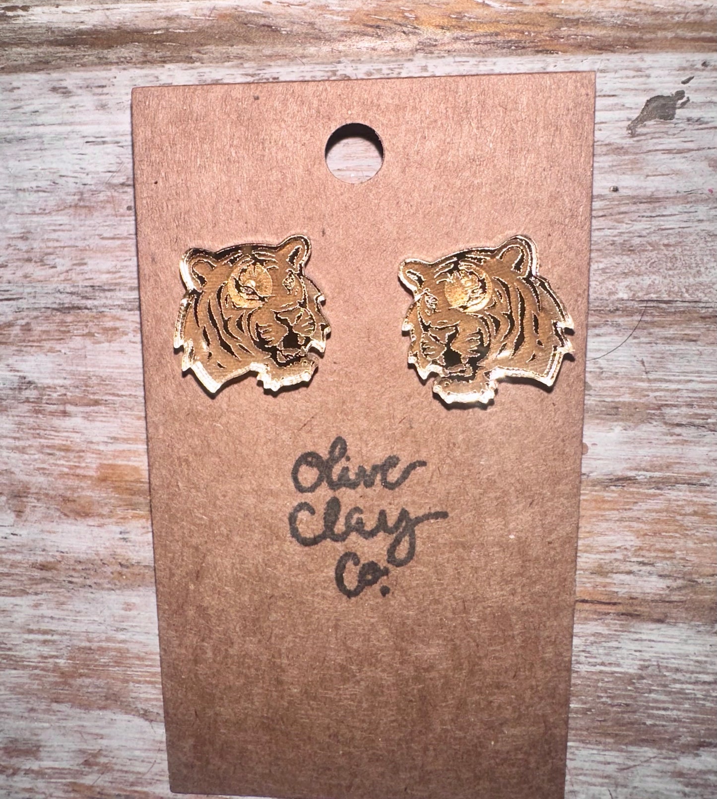 Engraved mirror LSU tiger studs