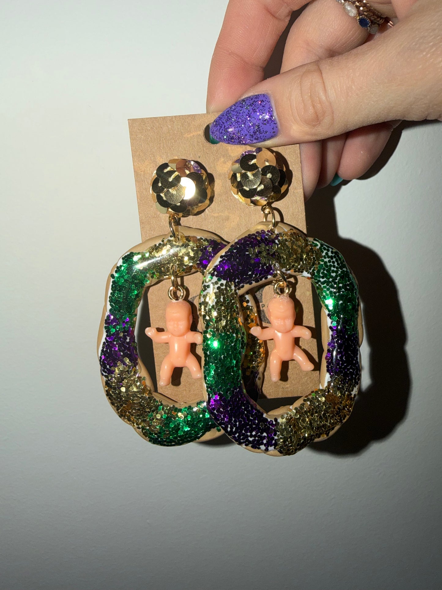 Large Statement Mardi Gras king cake earrings