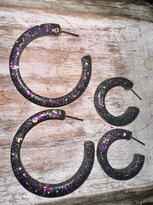 Mardi Gras resin hoop earrings