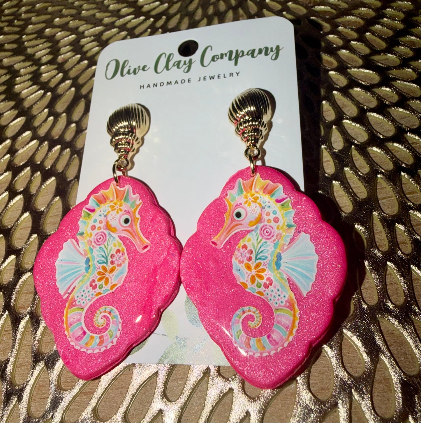 Quatrefoil sea horse clay earrings with metal shell topper