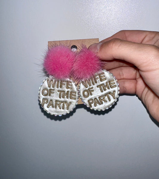 Wife of the party bedazzled Pom earrings