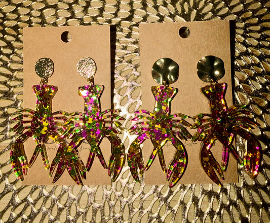 Large Crawfish Mardi Gras glitter earrings