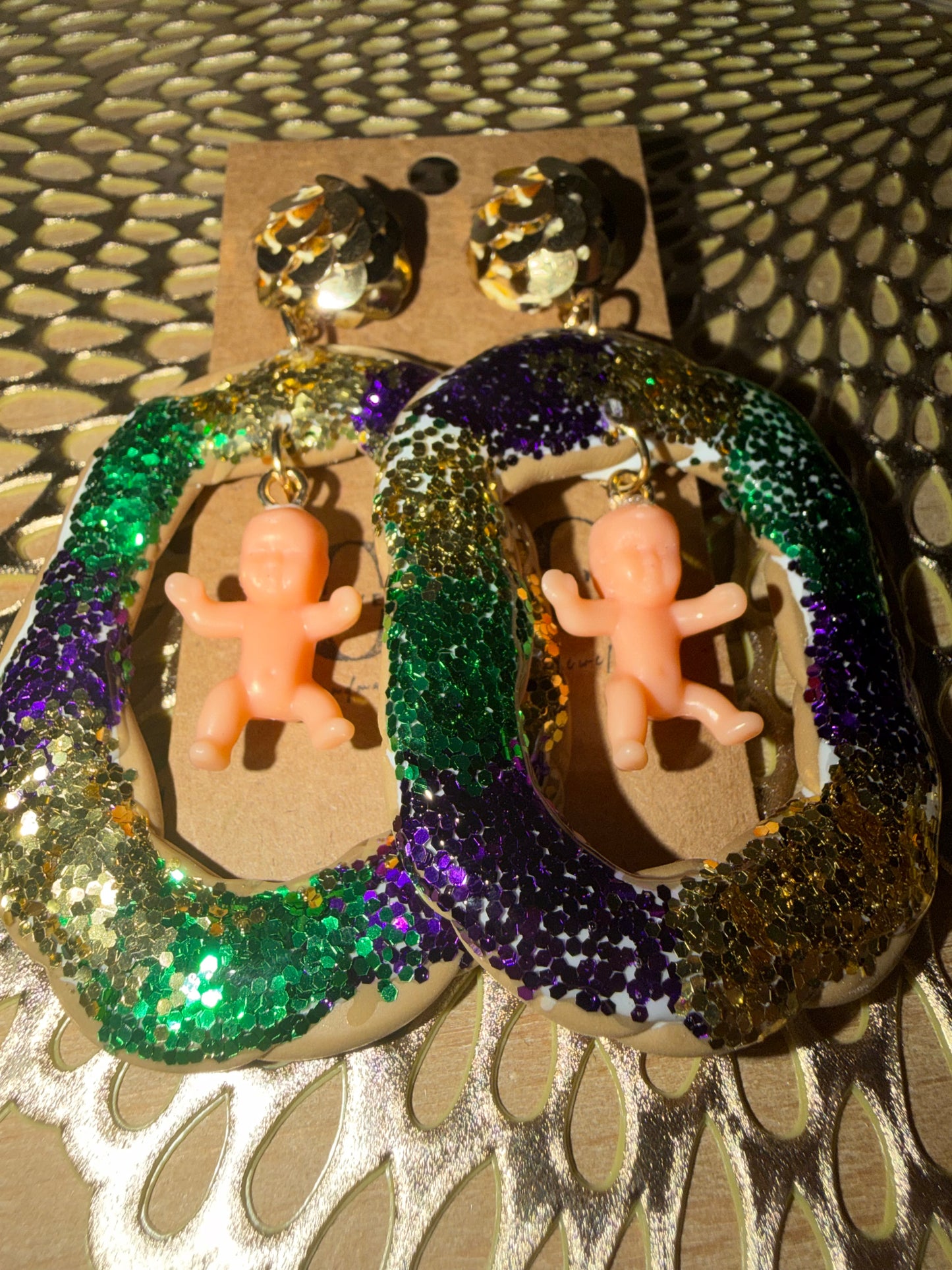 Large Statement Mardi Gras king cake earrings