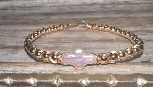 Beaded Freshwater pearl cross wire bracelet