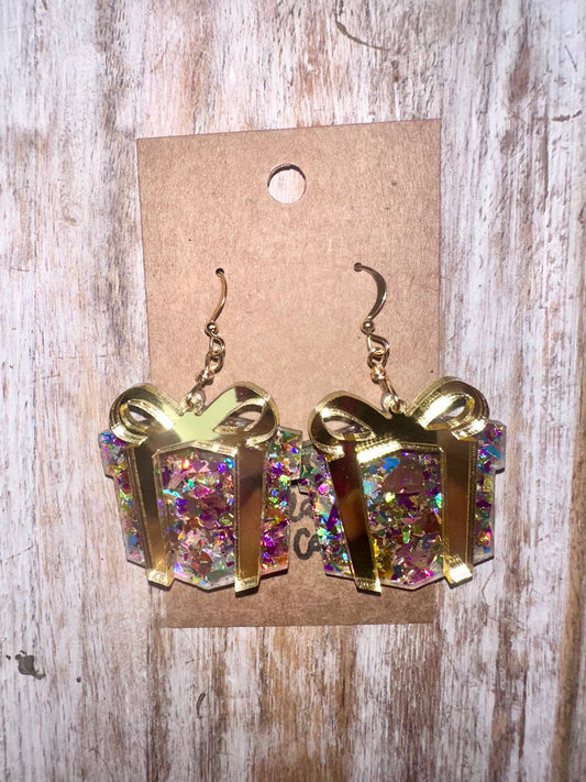 Rainbow glitter present earrings