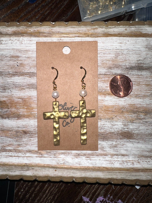 Textured cross pearl dangles