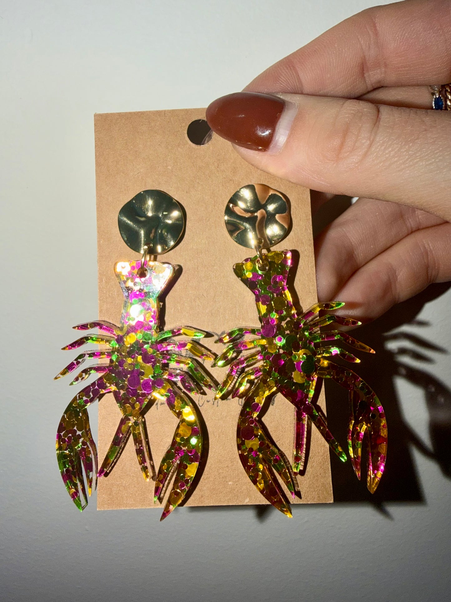 Large Crawfish Mardi Gras glitter earrings