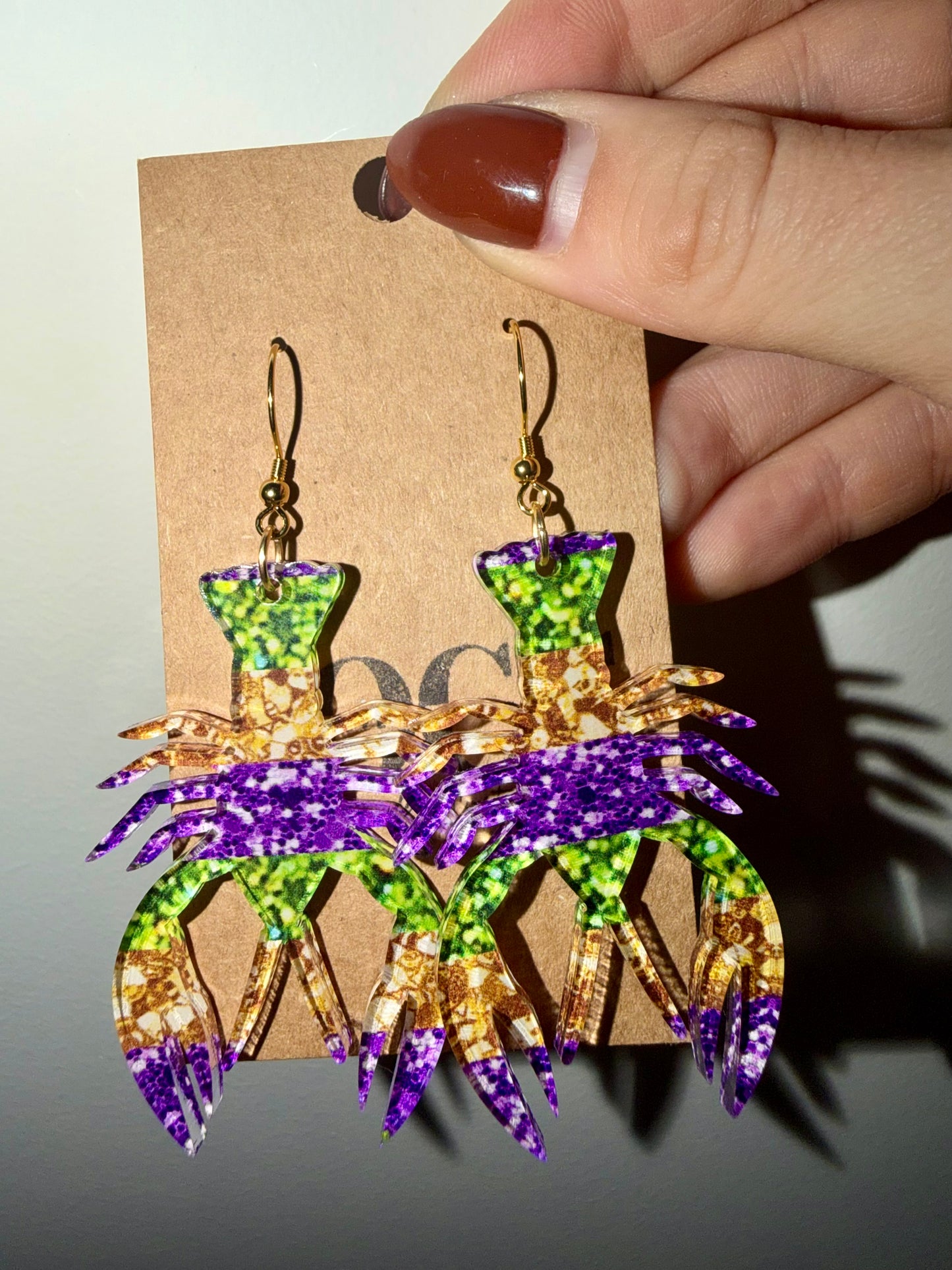 Large Crawfish Mardi Gras faux glitter earrings