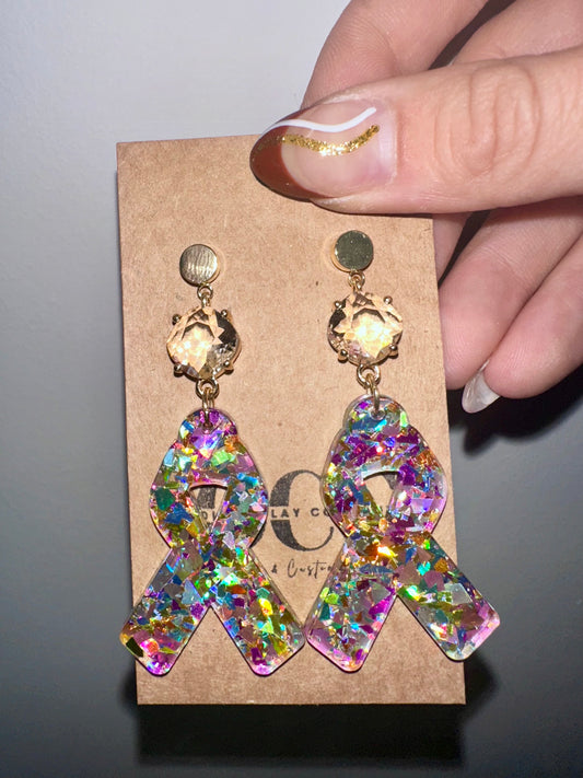 Rainbow cancer ribbon earrings