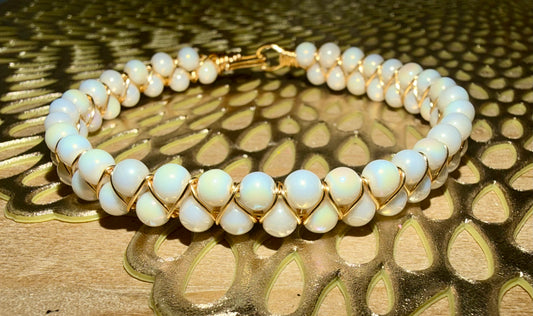 Double pearl beaded gold plated wire bracelet