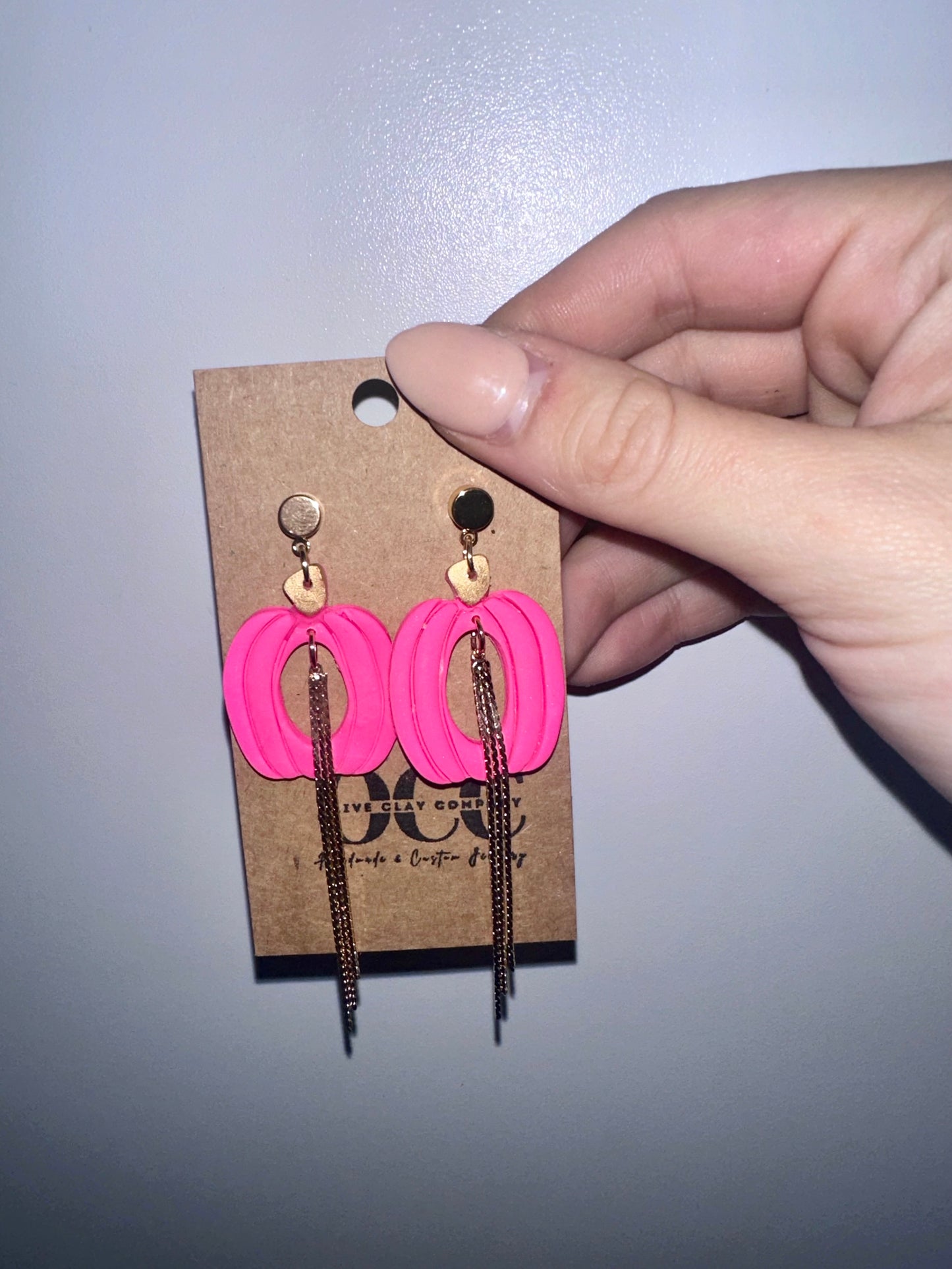 Pink Fringe Pumpkin clay earrings