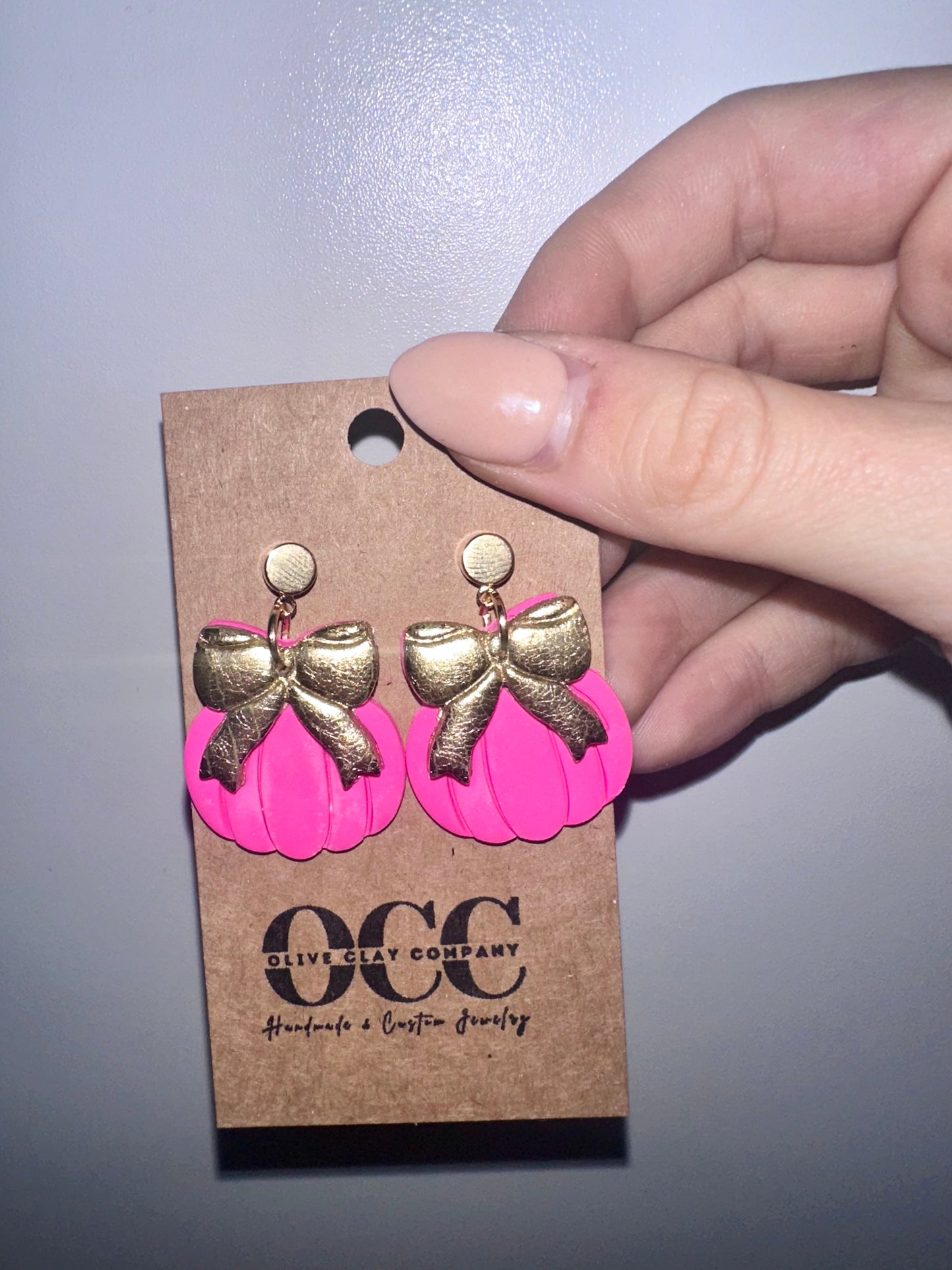 Hot pink pumpkin clay earrings