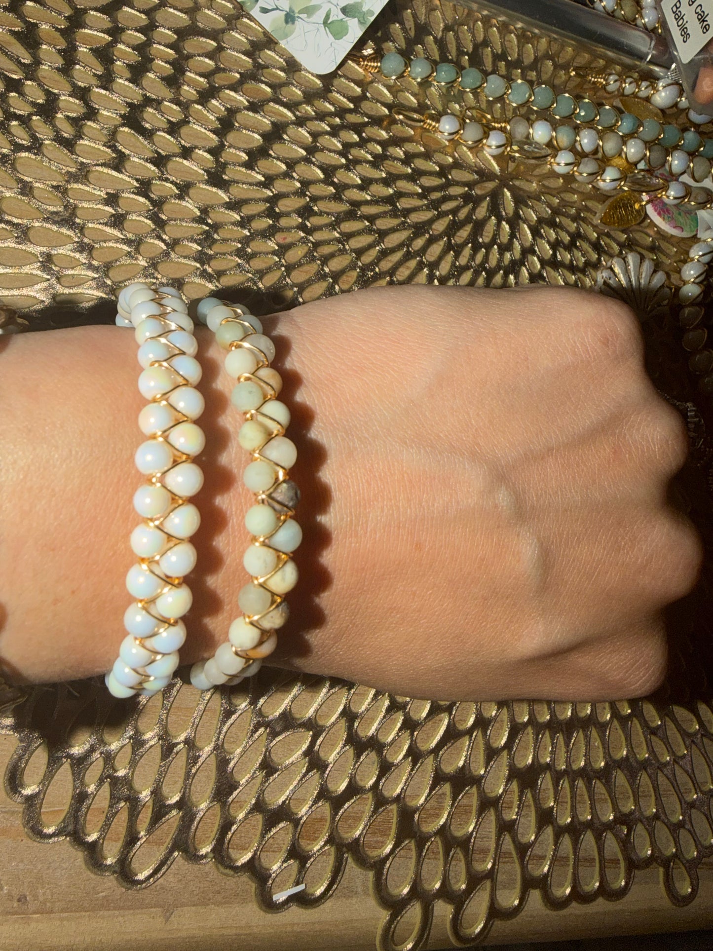 Double pearl beaded gold plated wire bracelet