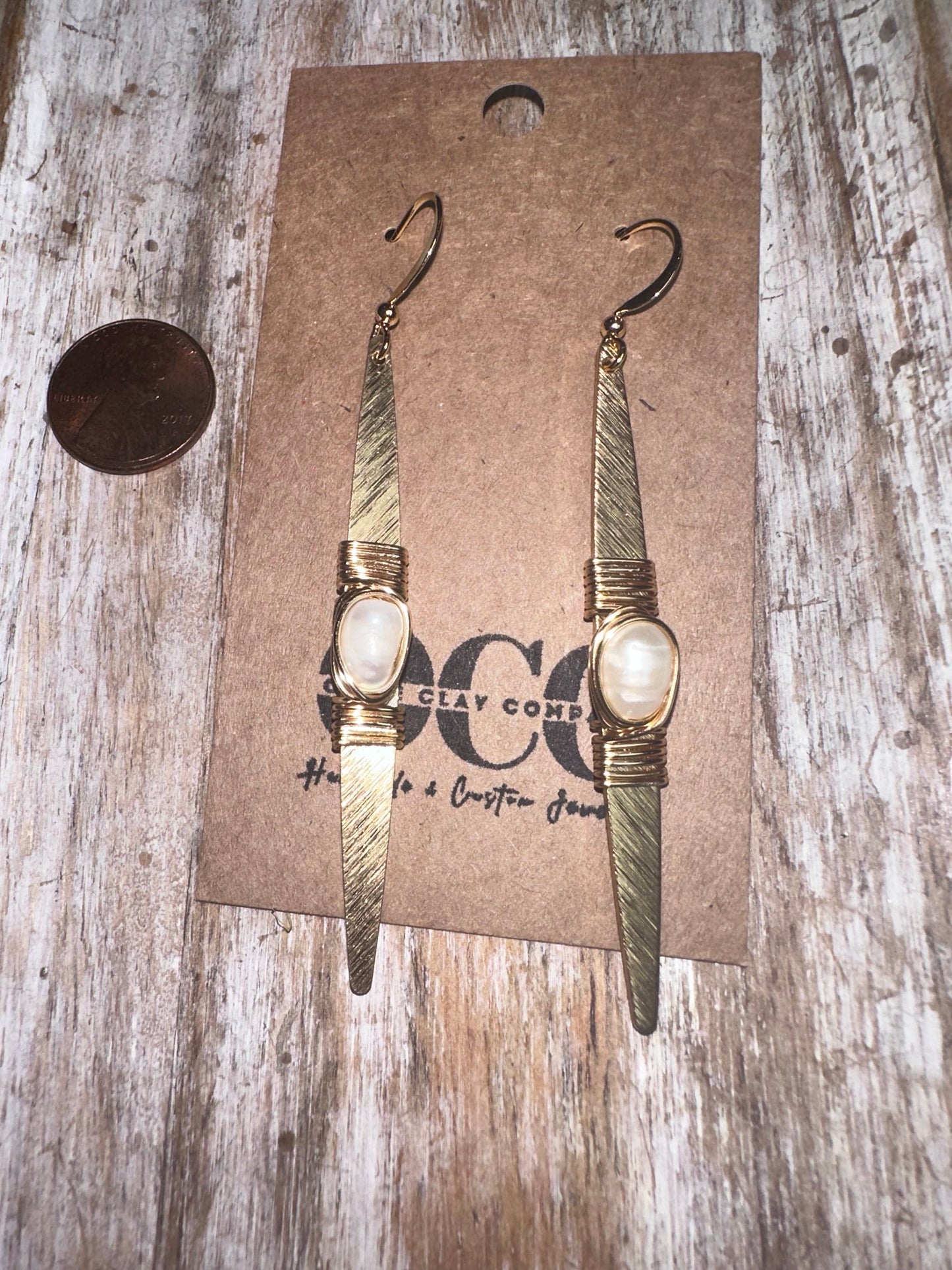 Pearl wire wrapped bar earrings