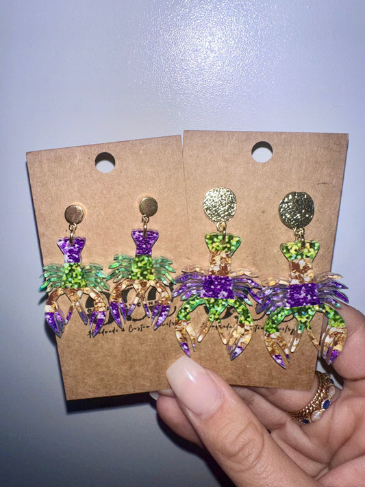 Crawfish Mardi Gras faux glitter earrings