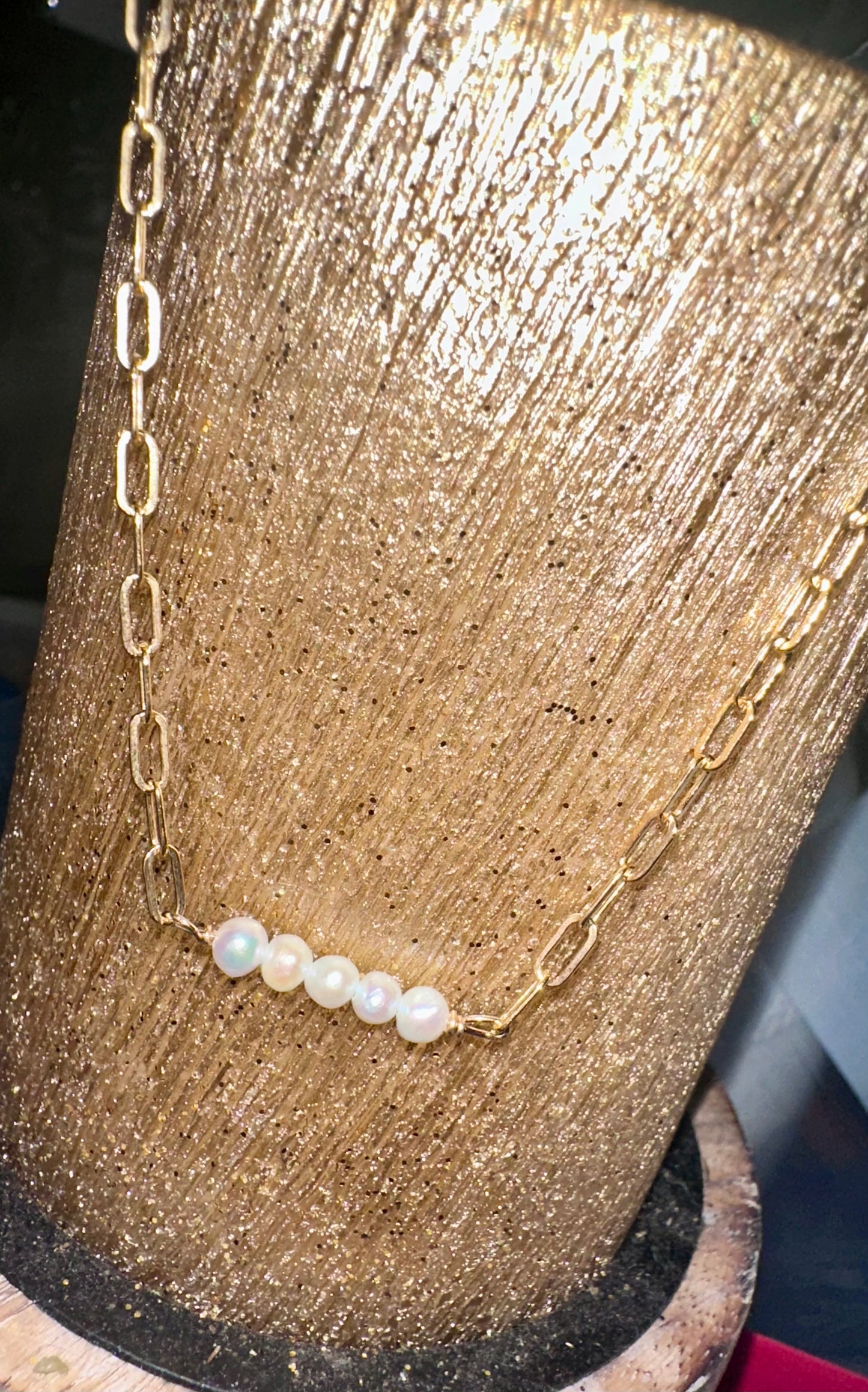 14K Gold Filled paper clip pearl bar necklace