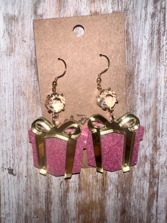 Pink glitter present earrings