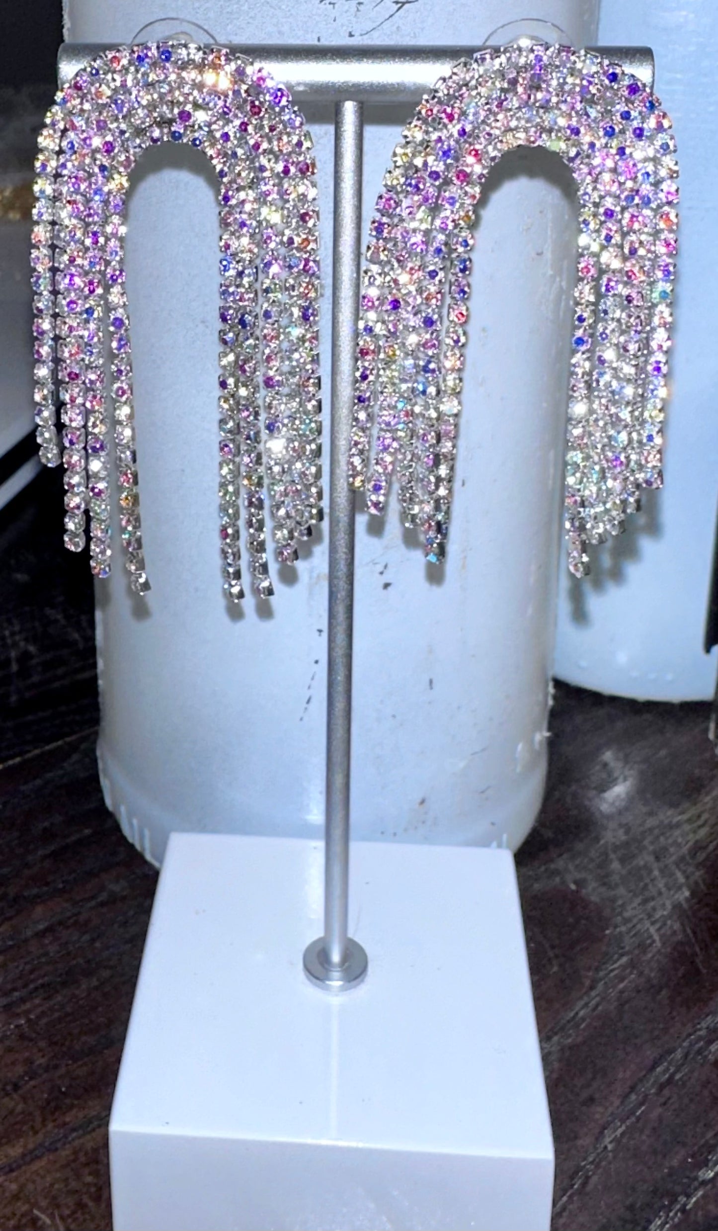 Bedazzled iridescent Silver Arch Earrings