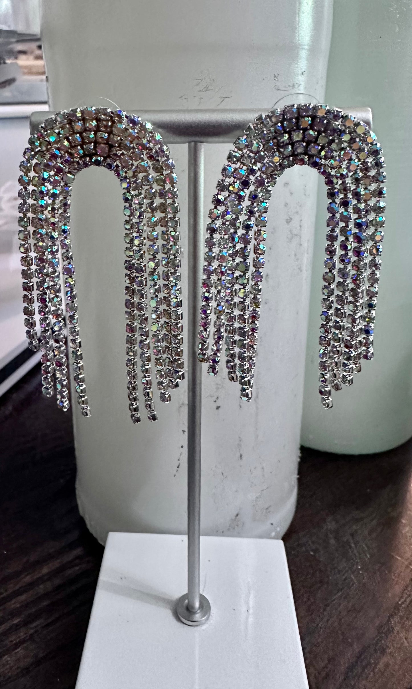 Bedazzled iridescent Silver Arch Earrings